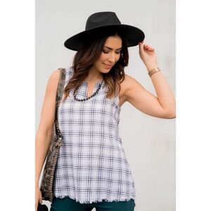 BOGO Cotton Bleu White and Navy Plaid Fringe V Neck Tank- Large